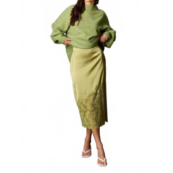 BEFORE YOU Dresses & Skirts - NEW BEFORE YOU satin asymmetrical lace contrast pencil midi skirt in light moss